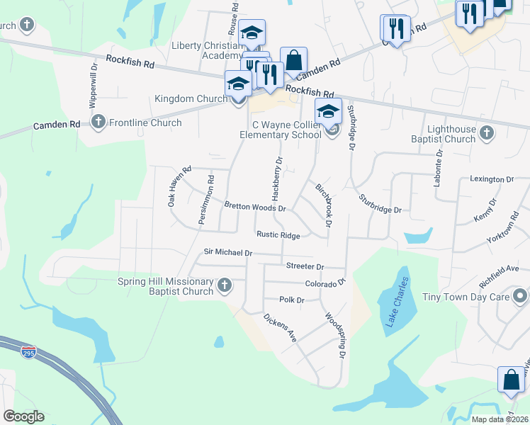 map of restaurants, bars, coffee shops, grocery stores, and more near 6303 Bretton Woods Dr in Hope Mills