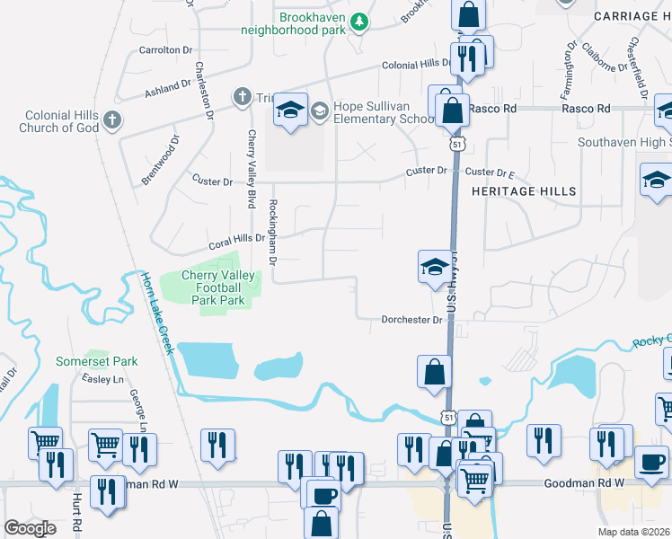 map of restaurants, bars, coffee shops, grocery stores, and more near 7521 Southaven Circle West in Southaven