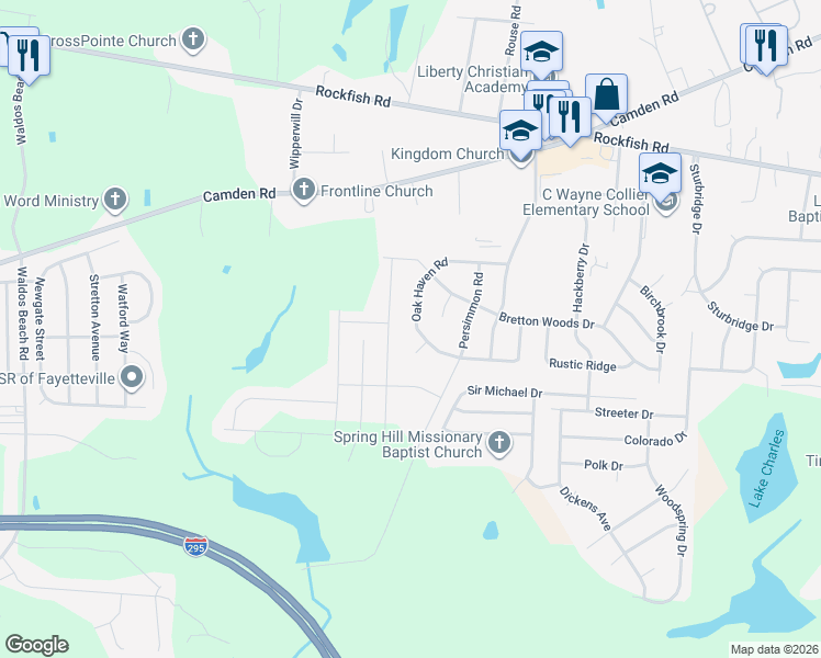 map of restaurants, bars, coffee shops, grocery stores, and more near 3825 Oak Haven Road in Hope Mills