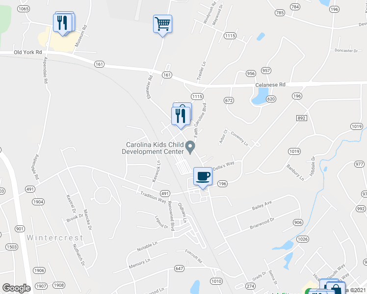 map of restaurants, bars, coffee shops, grocery stores, and more near 2331 Ebenezer Road in Rock Hill