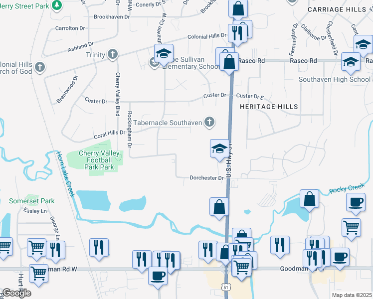 map of restaurants, bars, coffee shops, grocery stores, and more near 1730 Dorchester Drive in Southaven