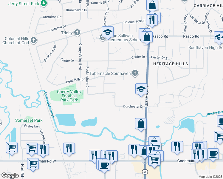 map of restaurants, bars, coffee shops, grocery stores, and more near 1764 Dorchester Drive in Southaven