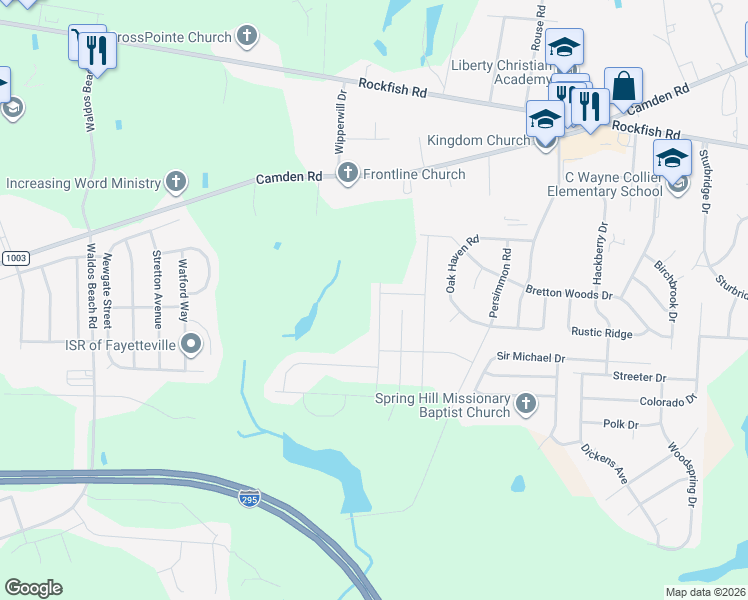 map of restaurants, bars, coffee shops, grocery stores, and more near 3854 Standardbred Drive in Hope Mills
