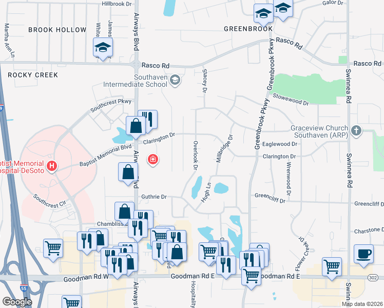 map of restaurants, bars, coffee shops, grocery stores, and more near 7573 Overlook Drive in Southaven
