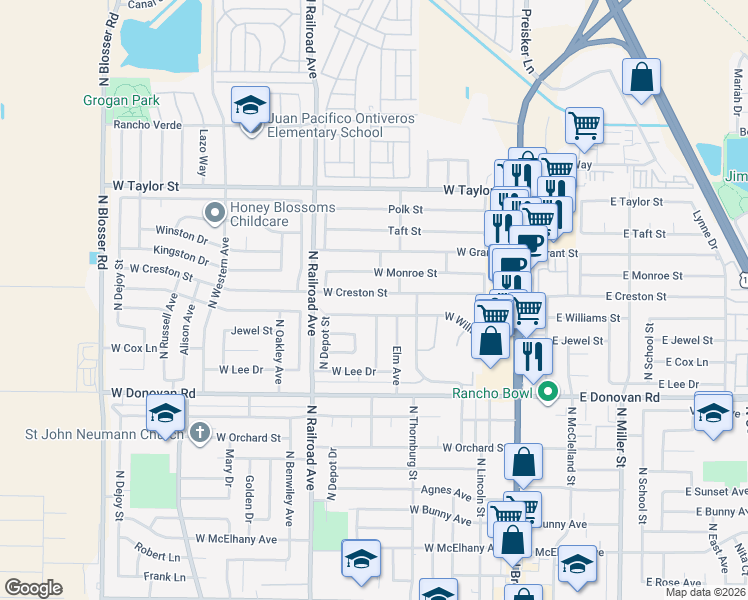 map of restaurants, bars, coffee shops, grocery stores, and more near 526 West Creston Street in Santa Maria