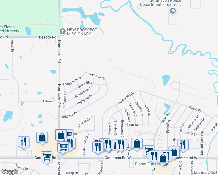 map of restaurants, bars, coffee shops, grocery stores, and more near 4161 Brighton Drive in Horn Lake