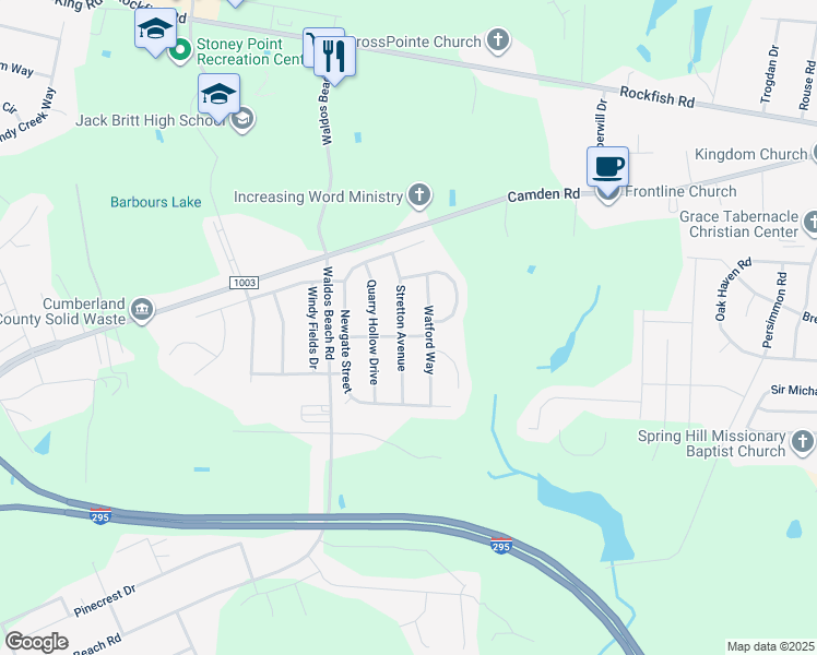 map of restaurants, bars, coffee shops, grocery stores, and more near 2412 Kimbolton Drive in Fayetteville
