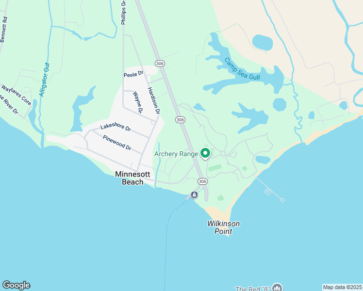 map of restaurants, bars, coffee shops, grocery stores, and more near 12030 North Carolina 306 in Minnesott Beach