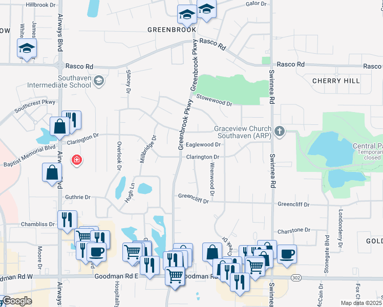 map of restaurants, bars, coffee shops, grocery stores, and more near 612 Clarington Drive in Southaven