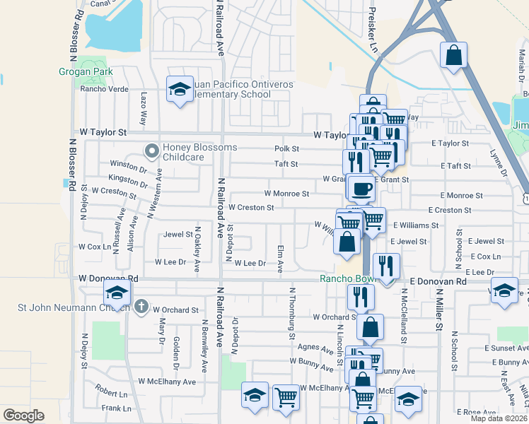 map of restaurants, bars, coffee shops, grocery stores, and more near 526 West Creston Street in Santa Maria