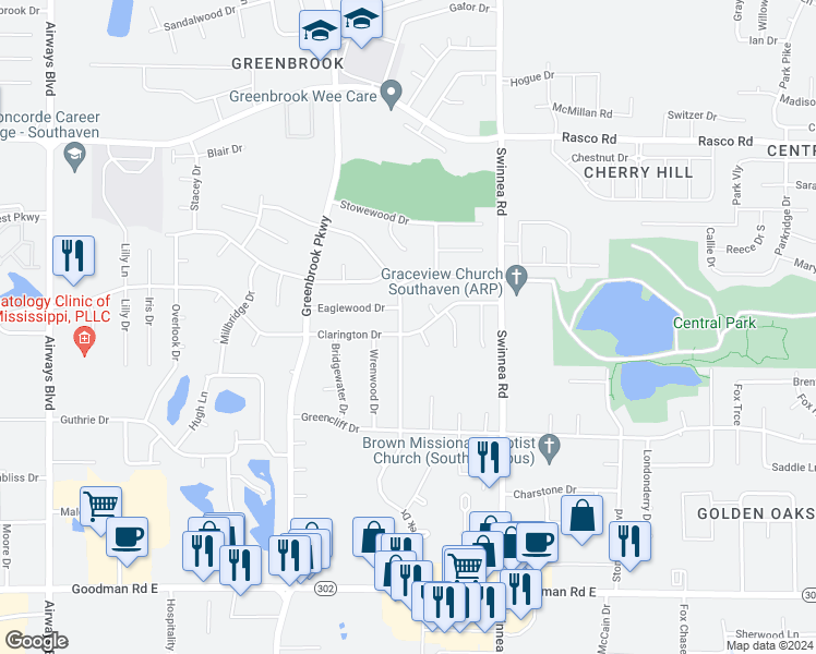 map of restaurants, bars, coffee shops, grocery stores, and more near 790 Clarington Drive in Southaven