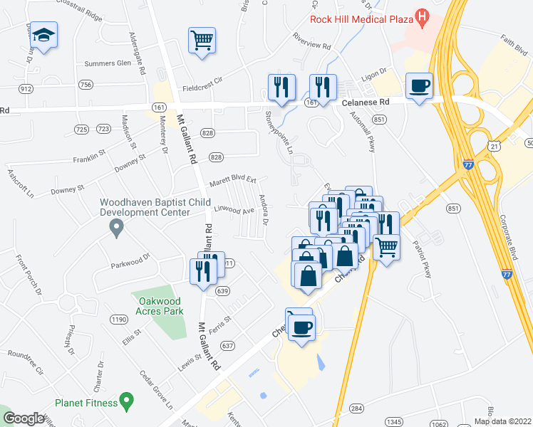 map of restaurants, bars, coffee shops, grocery stores, and more near Andora Drive in Rock Hill