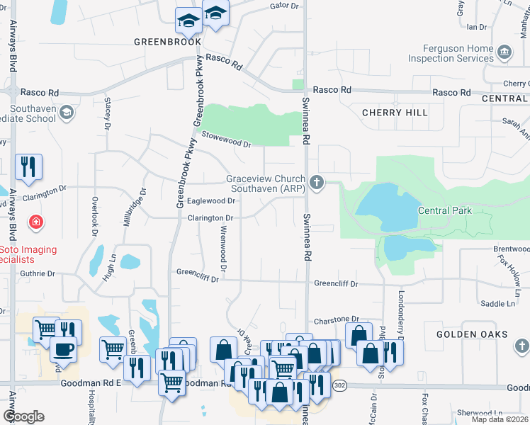 map of restaurants, bars, coffee shops, grocery stores, and more near 851 Clarington Drive in Southaven