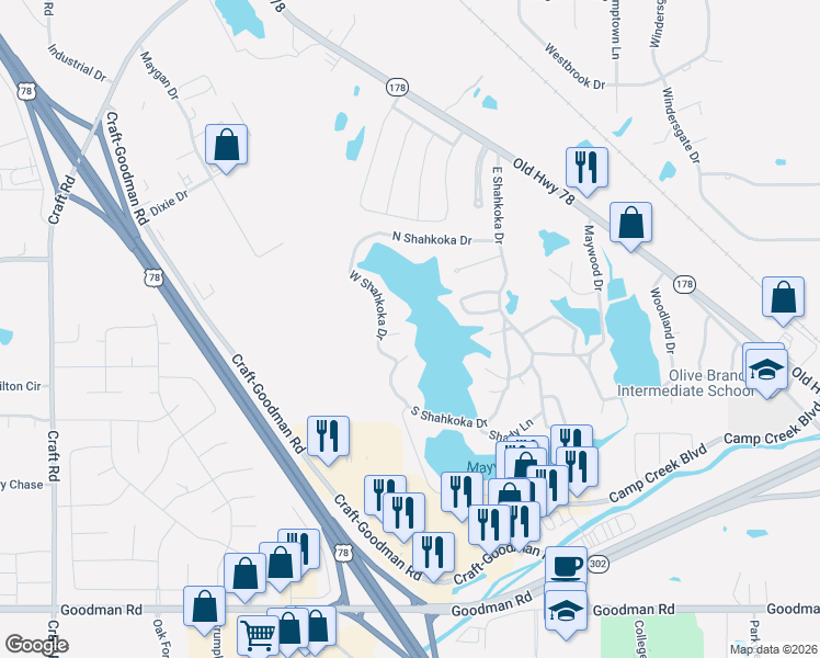 map of restaurants, bars, coffee shops, grocery stores, and more near 7539 West Shahkoka Drive in Olive Branch