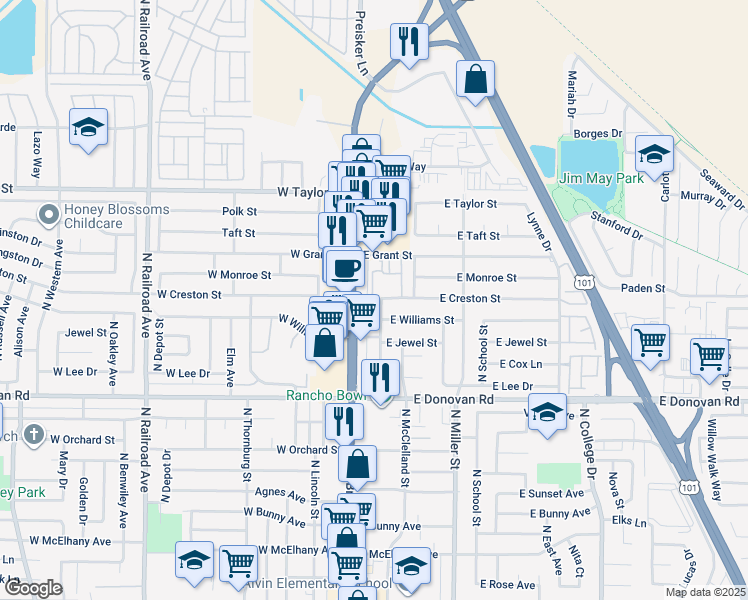 map of restaurants, bars, coffee shops, grocery stores, and more near 1740 North Broadway in Santa Maria