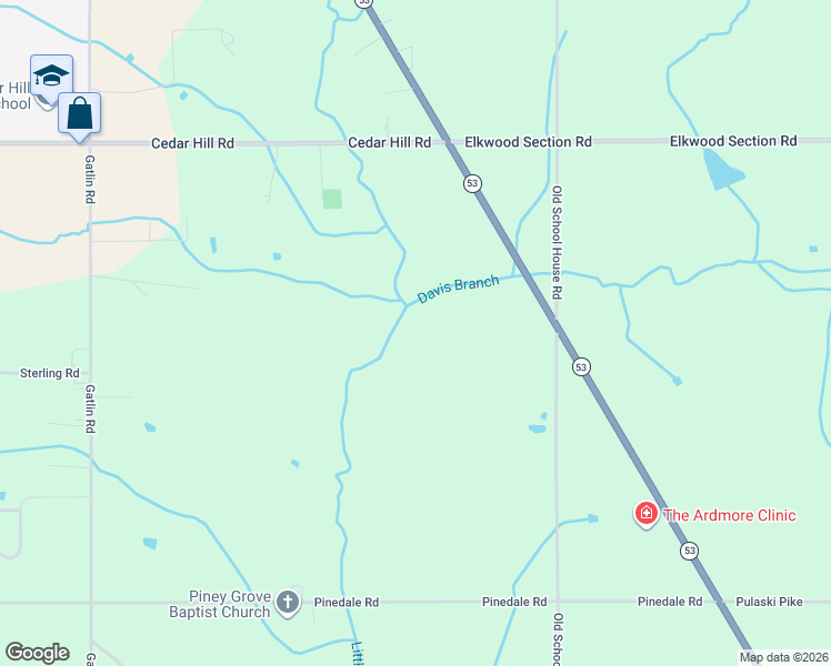 map of restaurants, bars, coffee shops, grocery stores, and more near 29836-29930 Alabama 53 in Ardmore