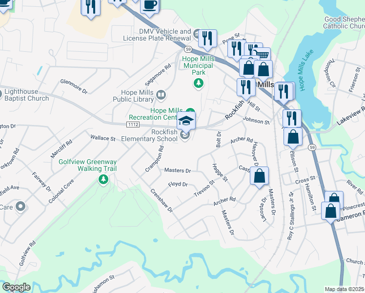 map of restaurants, bars, coffee shops, grocery stores, and more near 5763 Rockfish Road in Hope Mills