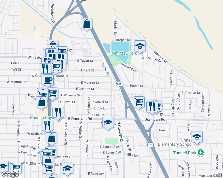 map of restaurants, bars, coffee shops, grocery stores, and more near 698 East Creston Street in Santa Maria