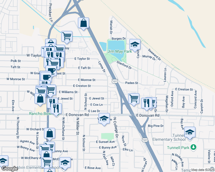 map of restaurants, bars, coffee shops, grocery stores, and more near 698 East Creston Street in Santa Maria