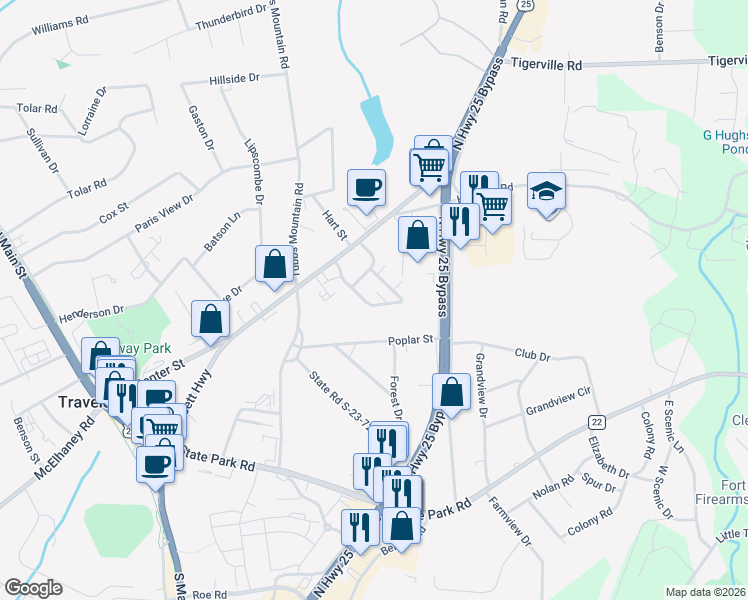 map of restaurants, bars, coffee shops, grocery stores, and more near 110 Hemlock Drive in Travelers Rest
