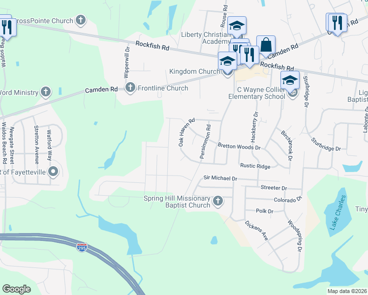 map of restaurants, bars, coffee shops, grocery stores, and more near 3825 Oak Haven Road in Hope Mills