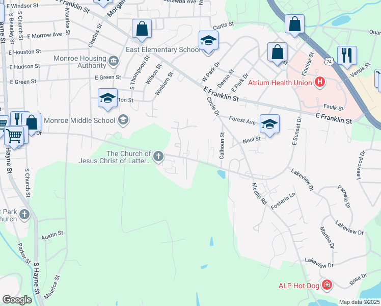 map of restaurants, bars, coffee shops, grocery stores, and more near 1113 East Sunset Drive in Monroe