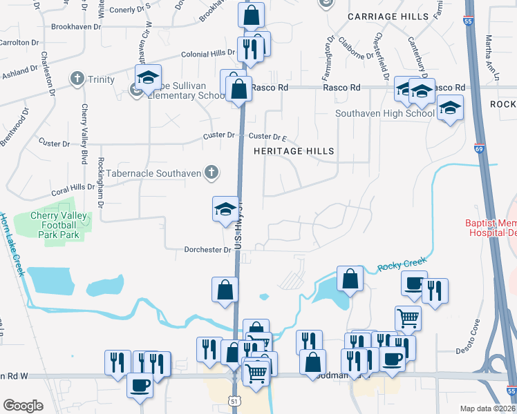 map of restaurants, bars, coffee shops, grocery stores, and more near 7573 Davis Parkway in Southaven