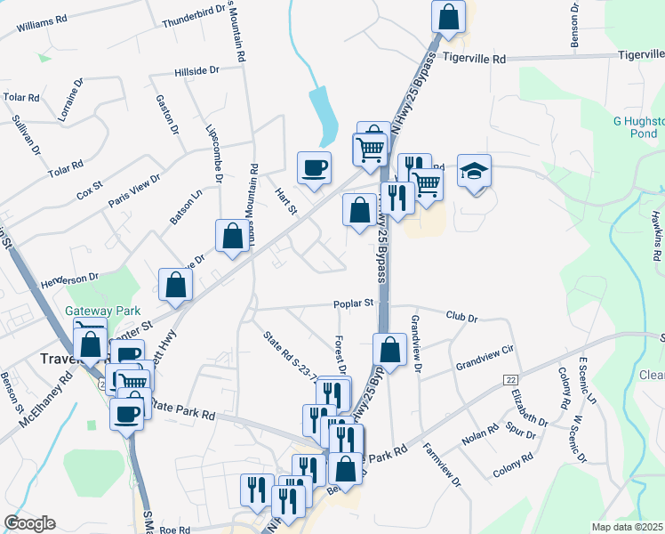 map of restaurants, bars, coffee shops, grocery stores, and more near 19 Magnolia Drive in Travelers Rest