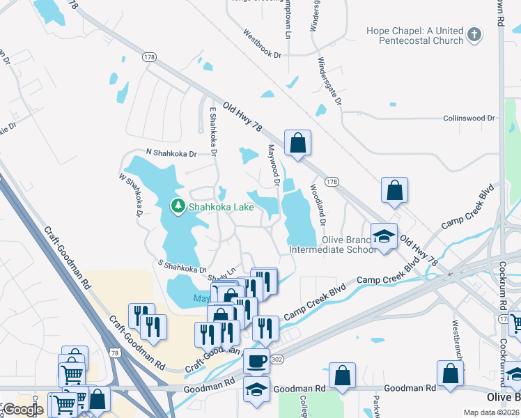 map of restaurants, bars, coffee shops, grocery stores, and more near 8161 Woodson Drive in Olive Branch