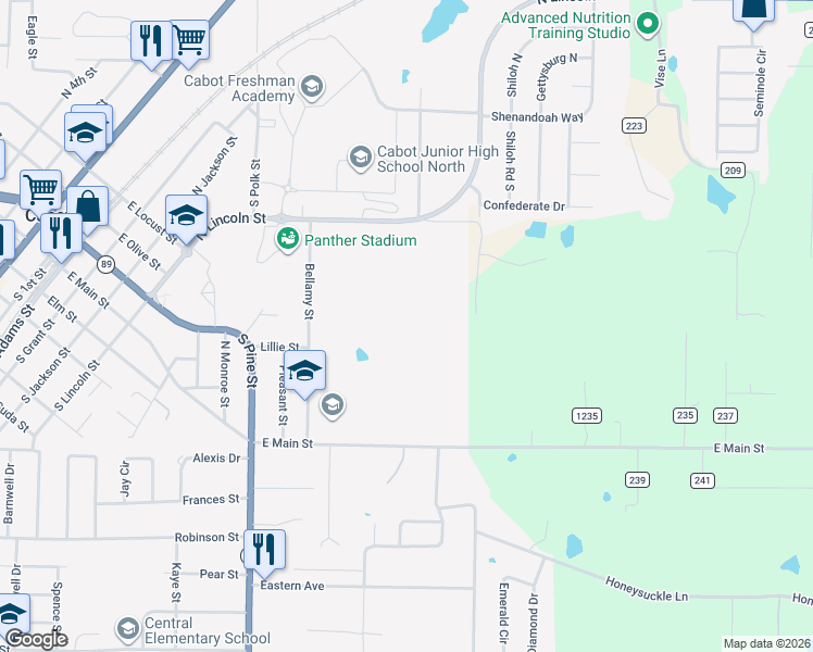 map of restaurants, bars, coffee shops, grocery stores, and more near 907 North Lincoln Street in Cabot
