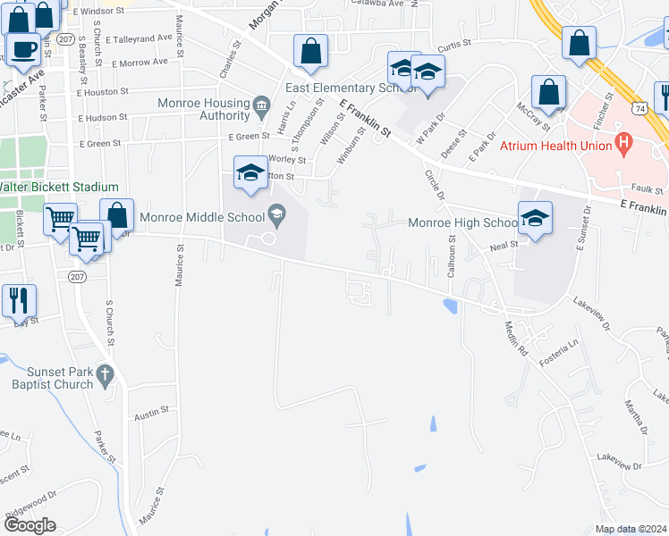 map of restaurants, bars, coffee shops, grocery stores, and more near 701 East Sunset Drive in Monroe