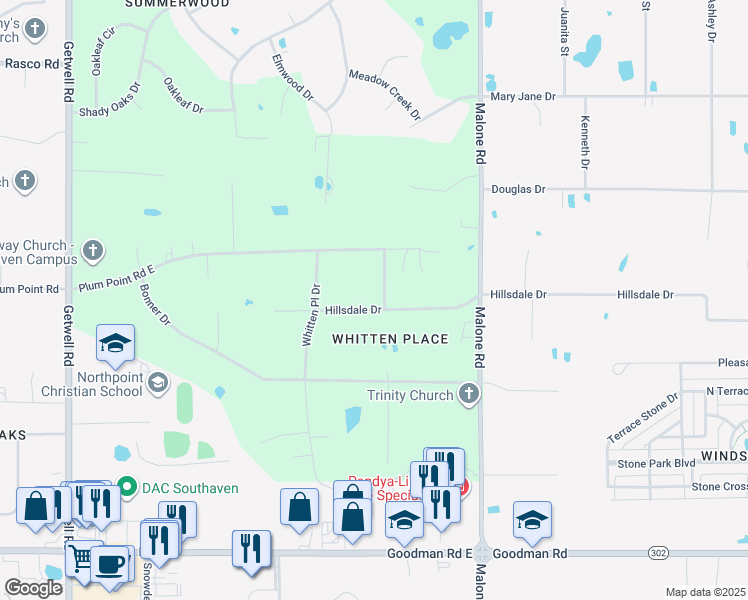 map of restaurants, bars, coffee shops, grocery stores, and more near 3740 Hillsdale Drive in Olive Branch