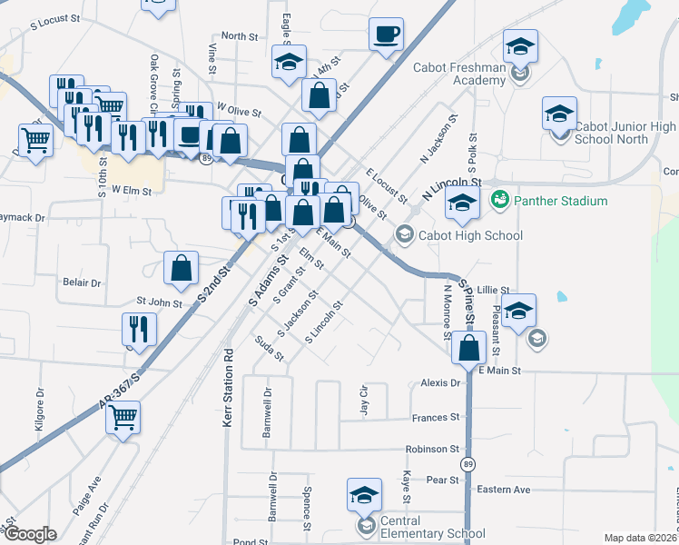 map of restaurants, bars, coffee shops, grocery stores, and more near 111 South Jackson Street in Cabot