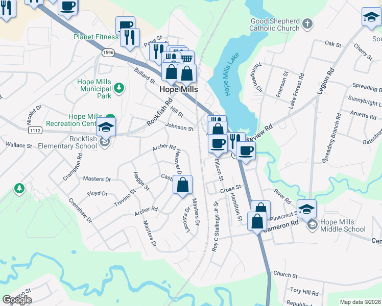 map of restaurants, bars, coffee shops, grocery stores, and more near 5666 Archer Road in Hope Mills