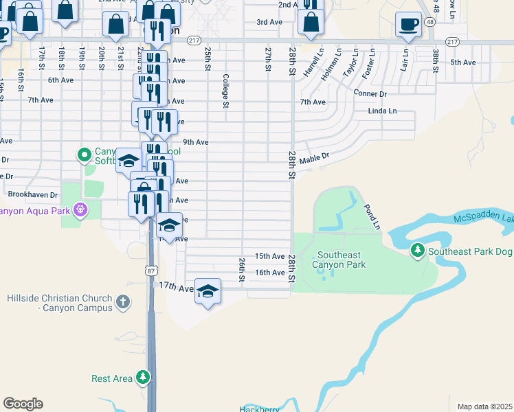 map of restaurants, bars, coffee shops, grocery stores, and more near 2607 13th Avenue in Canyon