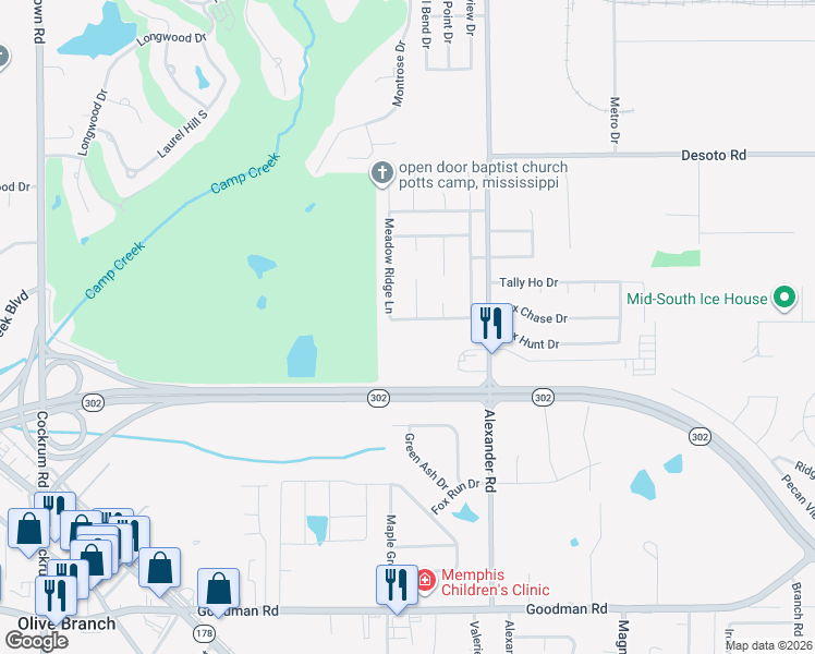 map of restaurants, bars, coffee shops, grocery stores, and more near 9885 Alexanders Ridge Drive in Olive Branch