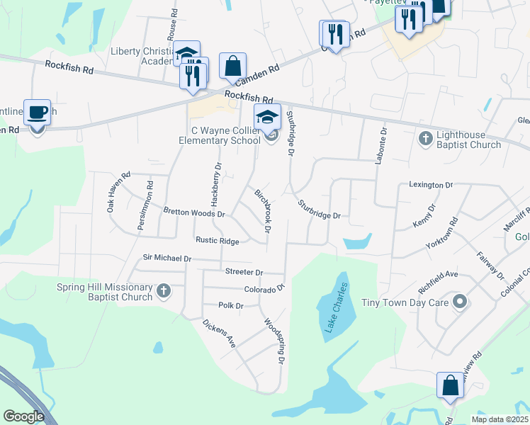 map of restaurants, bars, coffee shops, grocery stores, and more near 6223 Birchbrook Drive in Hope Mills