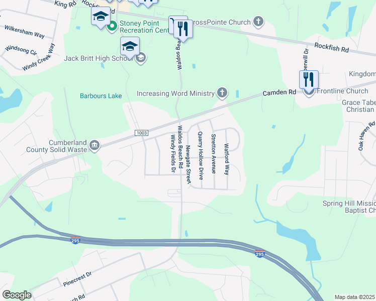 map of restaurants, bars, coffee shops, grocery stores, and more near 4116 Newgate Street in Fayetteville