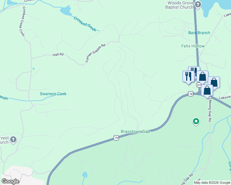 map of restaurants, bars, coffee shops, grocery stores, and more near 1586 Harris Ridge Road in Young Harris