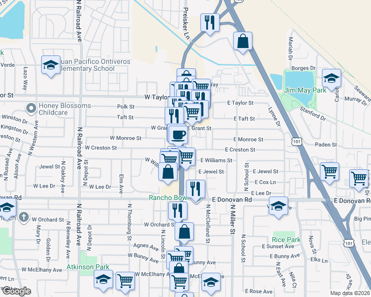 map of restaurants, bars, coffee shops, grocery stores, and more near 1740 North Broadway in Santa Maria