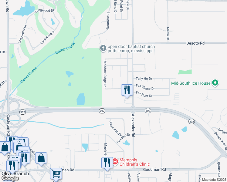 map of restaurants, bars, coffee shops, grocery stores, and more near 9885 Alexanders Ridge Drive in Olive Branch