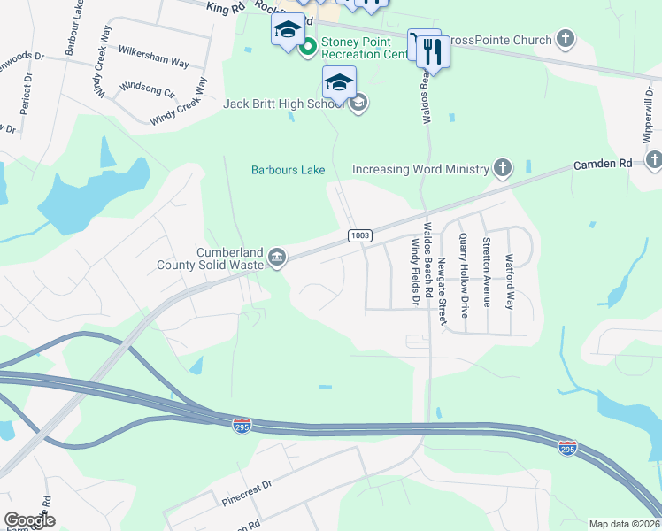 map of restaurants, bars, coffee shops, grocery stores, and more near 2725 Plum Ridge Road in Fayetteville