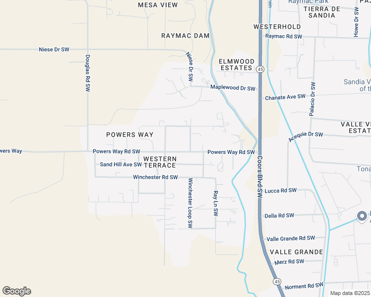 map of restaurants, bars, coffee shops, grocery stores, and more near 5418 Powers Way Road Southwest in Albuquerque