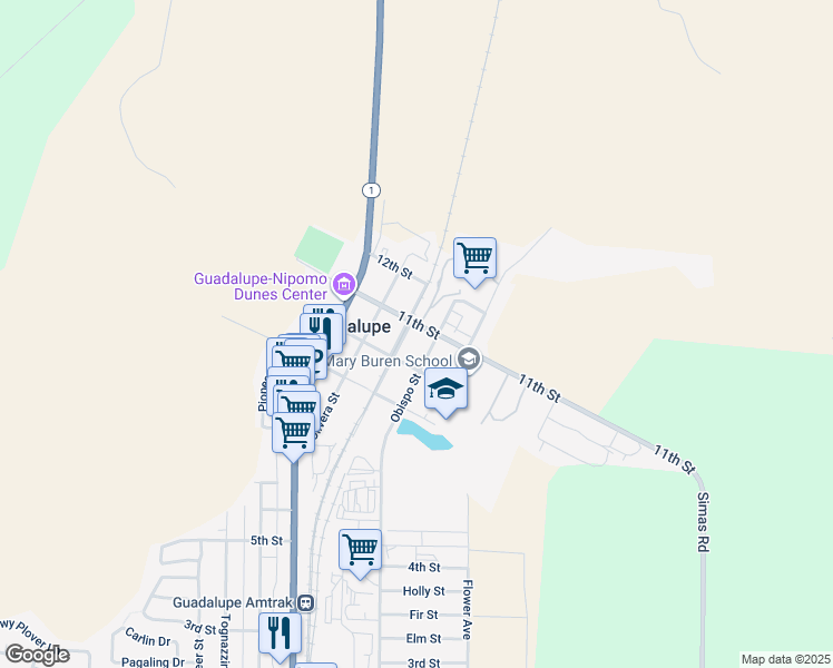 map of restaurants, bars, coffee shops, grocery stores, and more near 1068 Obispo Street in Guadalupe