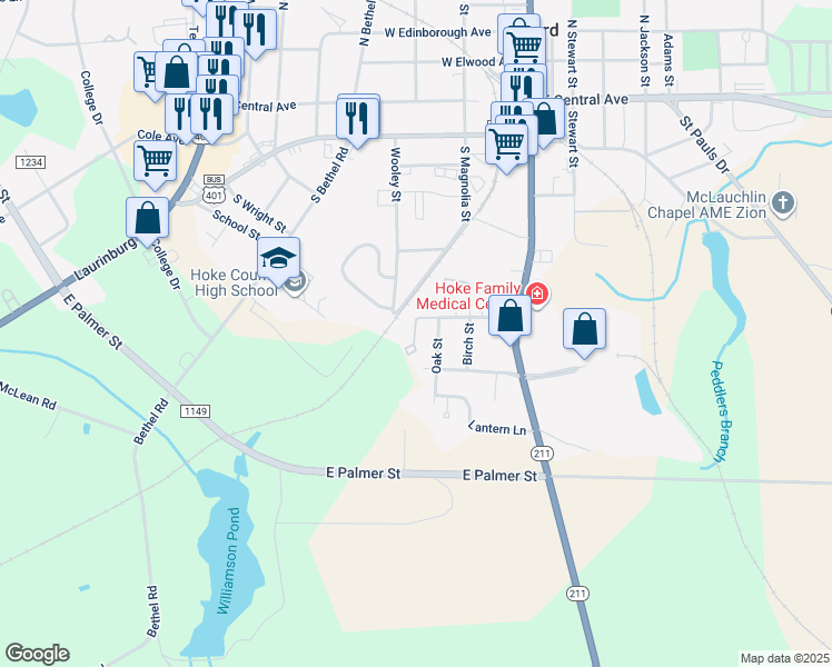 map of restaurants, bars, coffee shops, grocery stores, and more near 700 Southern Avenue in Raeford
