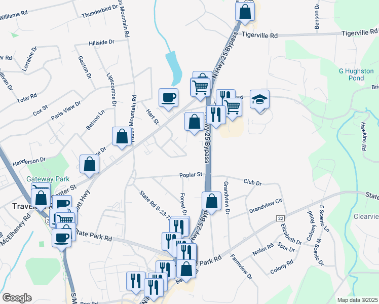map of restaurants, bars, coffee shops, grocery stores, and more near 19 Magnolia Drive in Travelers Rest