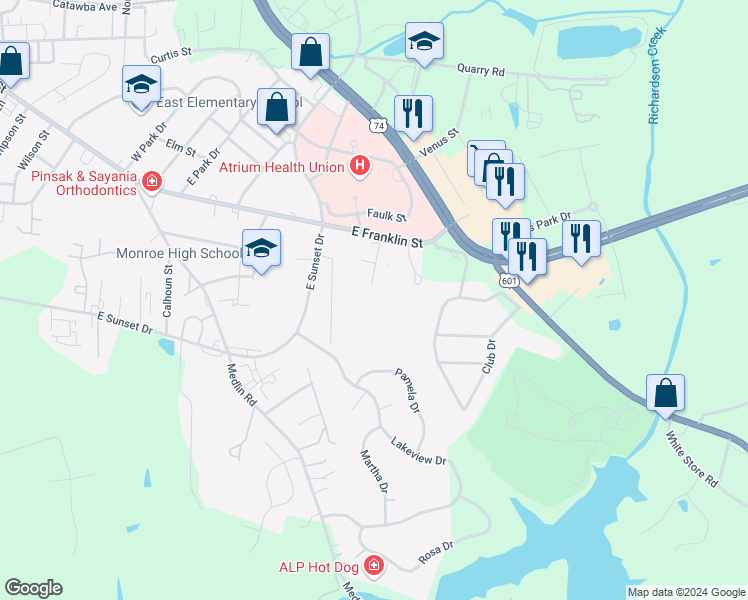 map of restaurants, bars, coffee shops, grocery stores, and more near 918 Fitzgerald Street in Monroe