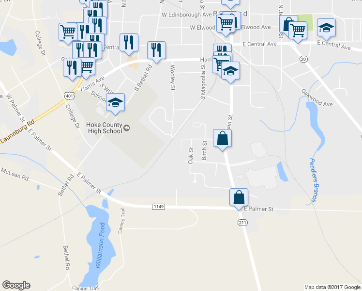 map of restaurants, bars, coffee shops, grocery stores, and more near 700 Southern Avenue in Raeford