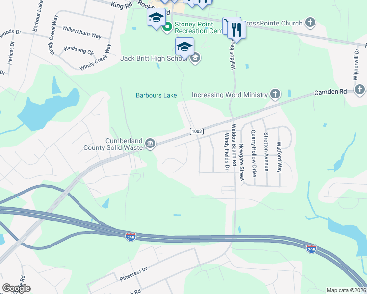 map of restaurants, bars, coffee shops, grocery stores, and more near 4008 Fallberry Drive in Fayetteville