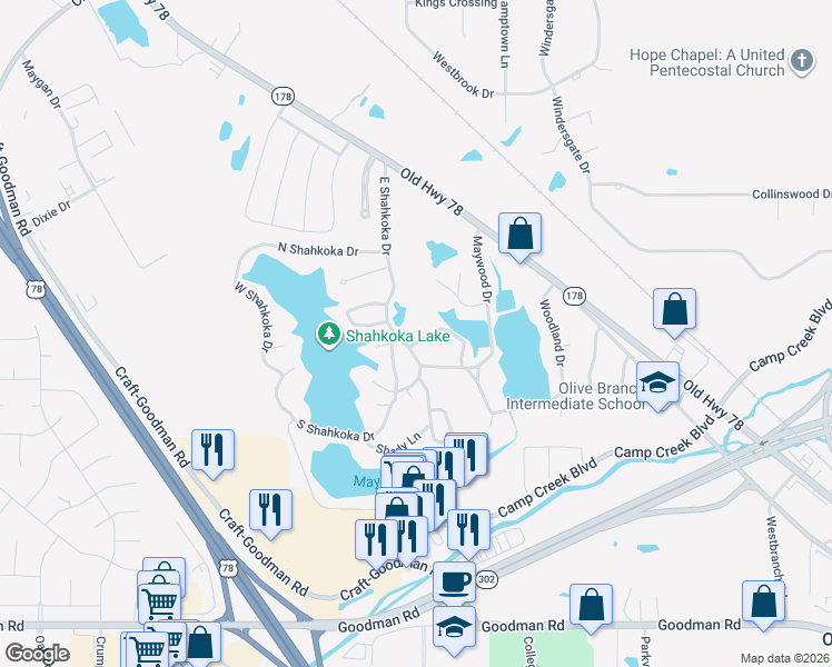 map of restaurants, bars, coffee shops, grocery stores, and more near 8107 Woodson Drive in Olive Branch